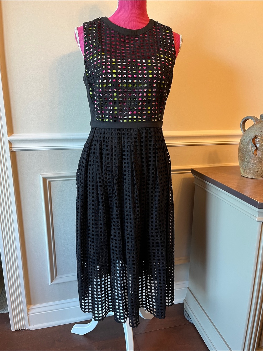 Per Se Black Laser-cut MIDI Dress with Colorful Underlay